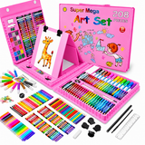 Set de Desen și Pictură pentru Copii, 208 Piese, Carioci, Creioane Colorate, Acuarele și Pensule, în Valiză, Albastru și Roz