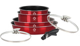 Set 7 piese: 4 vase din aluminiu, compatibile cu plita inductie, 2 capace sticla, 1 maner detasabil.