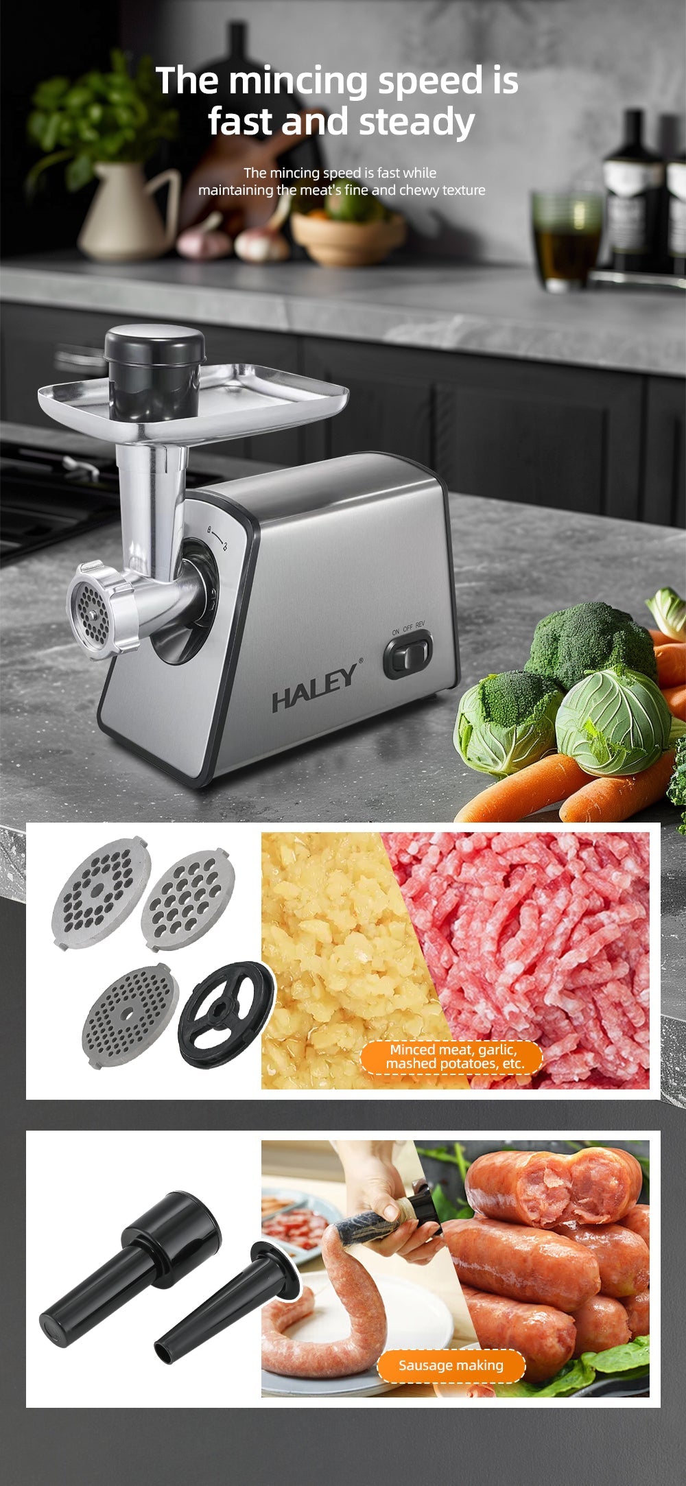 Mașină de Tocat Carne HALEY 2600W, Cutter cu Torsiune Mare, Oțel Inoxidabil, Port Mare de Alimentare, Ușor de Curățat