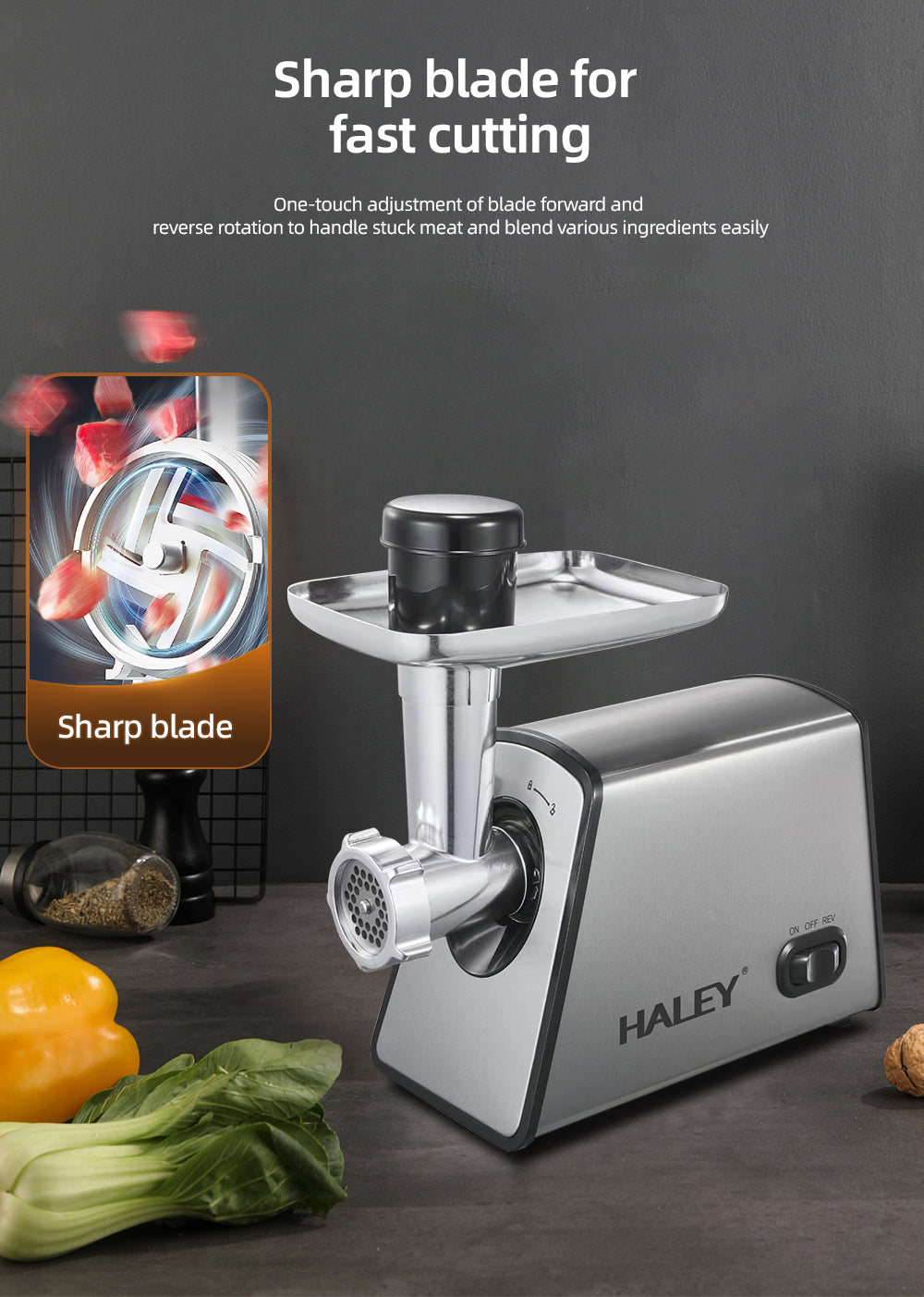 Mașină de Tocat Carne HALEY 2600W, Cutter cu Torsiune Mare, Oțel Inoxidabil, Port Mare de Alimentare, Ușor de Curățat