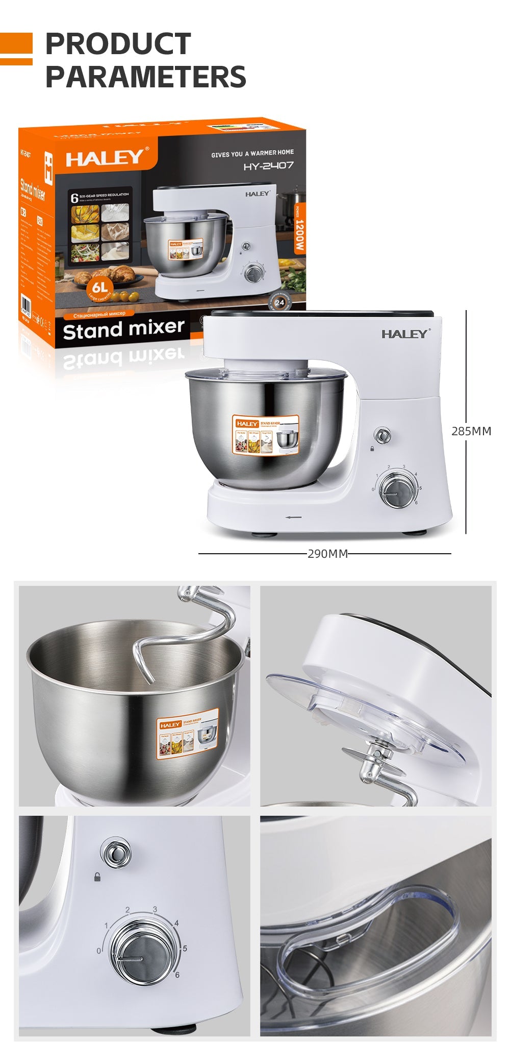 Mixer Profesional HALEY HY-2409, 1200W, Bol 6L Inox, 6 Viteze + Pulse, Alb/Inox, Silențios, Protecție Întrerupere