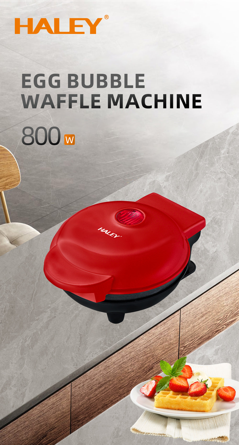 Aparat Mini Waffe HALEY®, 800W, Plăci Antiaderente, Indicator Luminos, Design Compact, Roșu