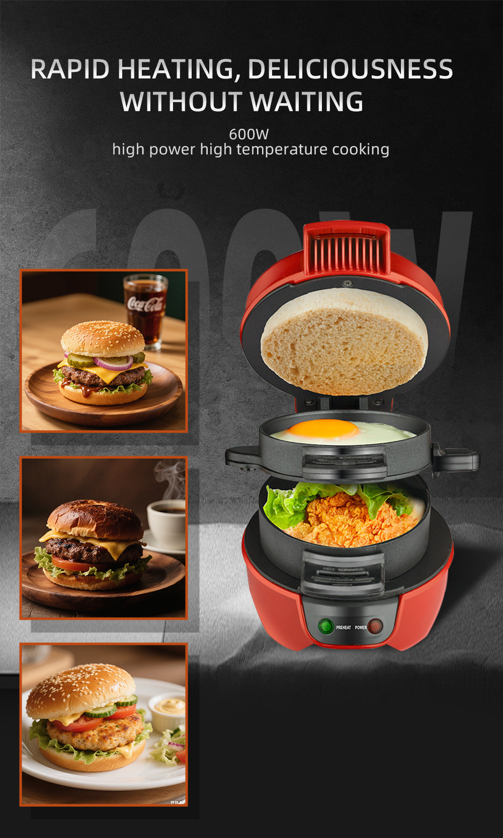 Aparat de facut Burgeri Haley, 600W – Mic Dejun Rapid, Plăci Antiaderente, Încălzire Uniformă, Deschidere 180°