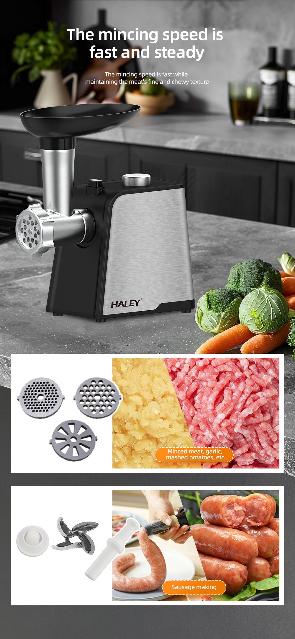 Mașină de Tocat Carne HALEY 2000W, Oțel Inoxidabil, Cutter cu Torsiune Mare, Ușor de Curățat, Port Mare pentru Alimentare