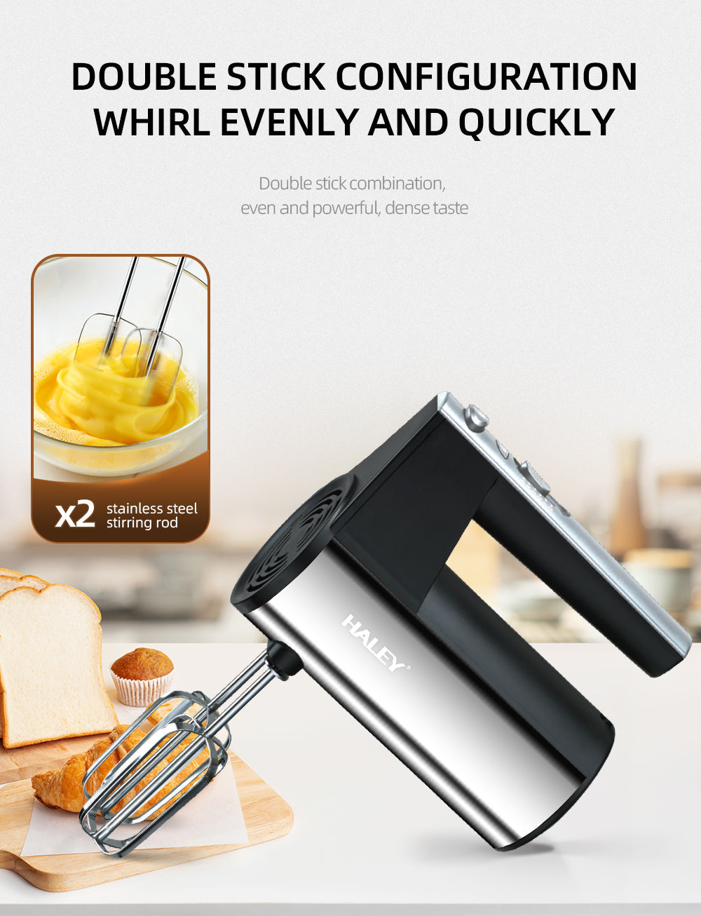 Mixer de Mână din Inox HALEY 500W – 5 Viteze, Silențios, Motor Puternic, Accesorii Incluse