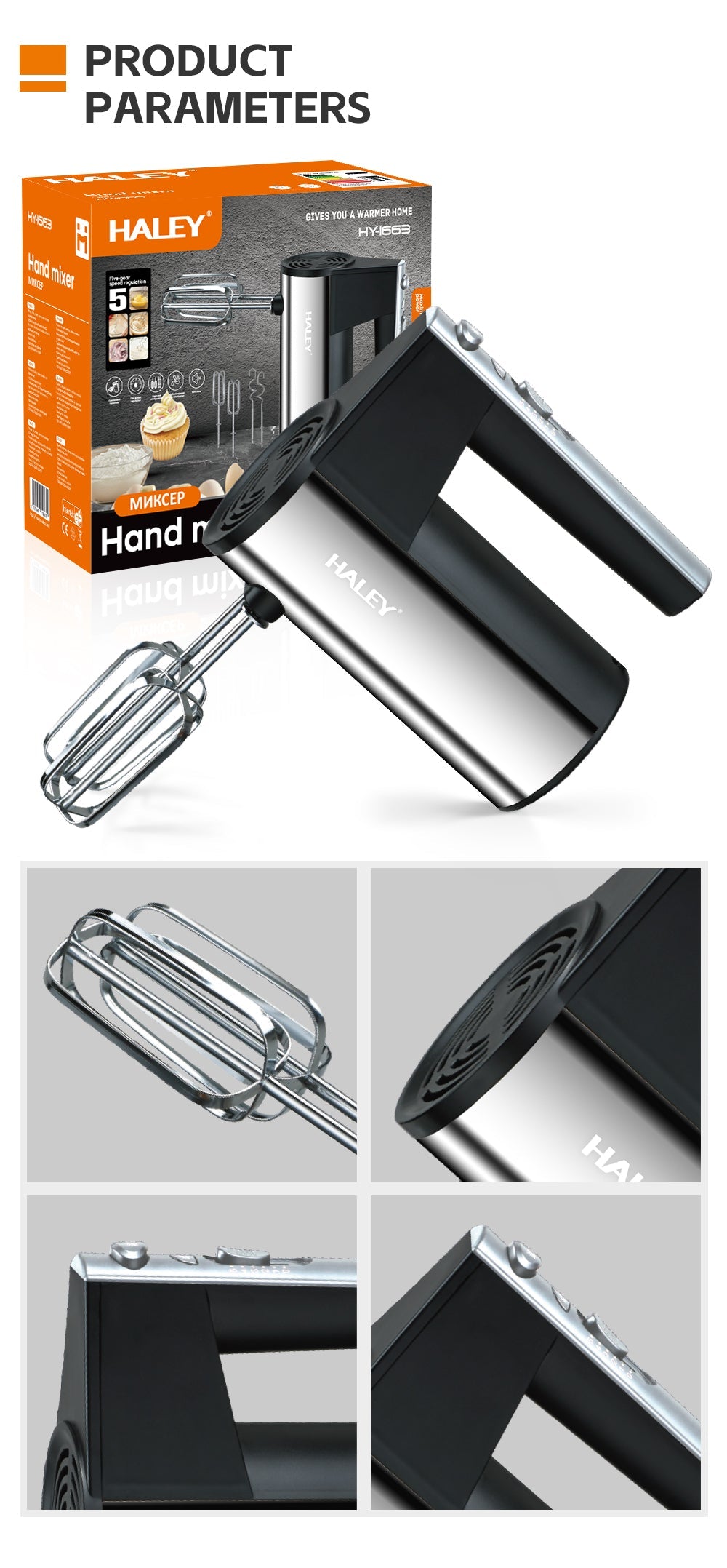 Mixer de Mână din Inox HALEY 500W – 5 Viteze, Silențios, Motor Puternic, Accesorii Incluse