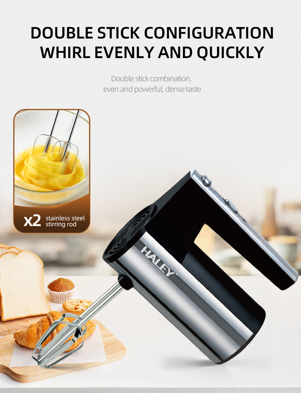 Mixer de Mână din Inox HALEY 500W – 5 viteze, silențios, motor puternic, accesorii incluse