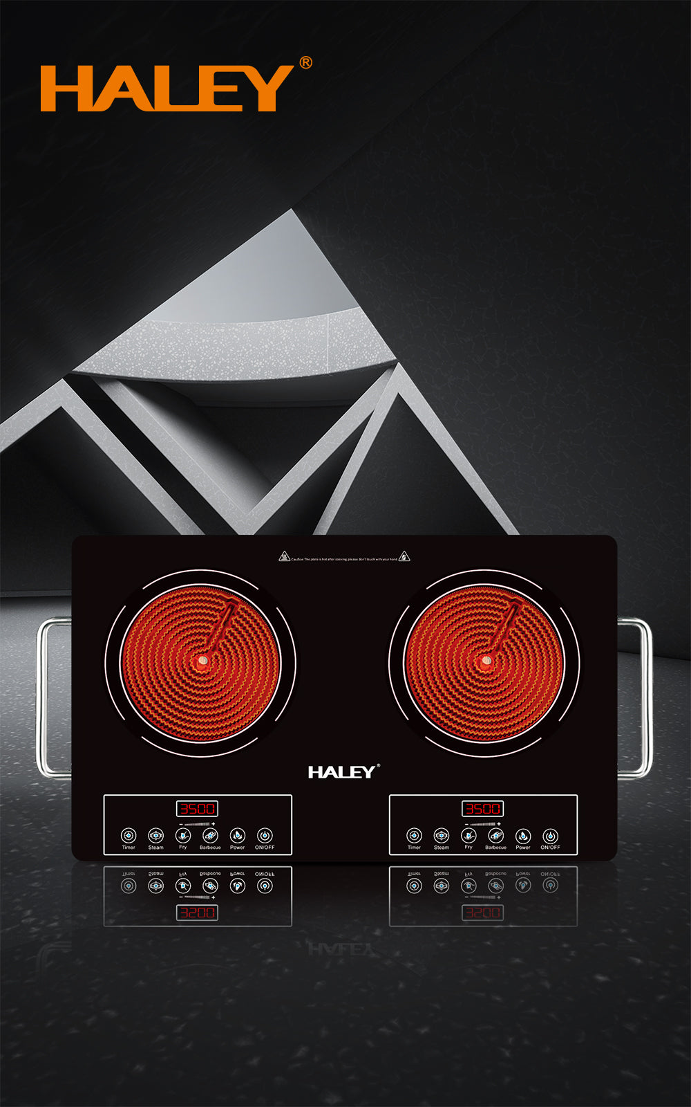 Plită Ceramica HALEY, 2 Ochiuri – 3500W, Geam Cristal Negru, Timer, Control Tactil, Oprire Automată