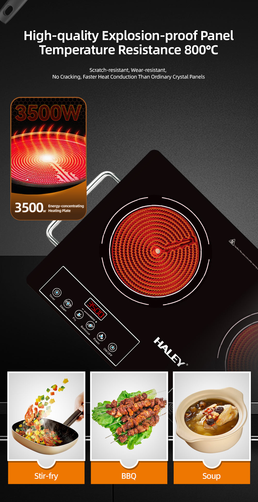 Plită Ceramica HALEY, 2 Ochiuri – 3500W, Geam Cristal Negru, Timer, Control Tactil, Oprire Automată