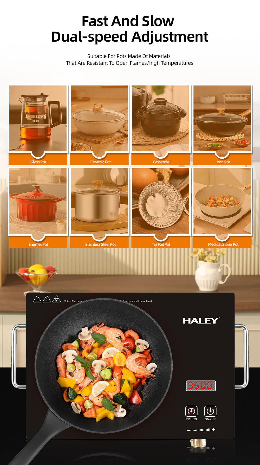 Plită cu Inducție HALEY 3500W, Geam Cristal Negru, Timer, Control Tactil, Oprire Automată, Protecție la Supraincălzire