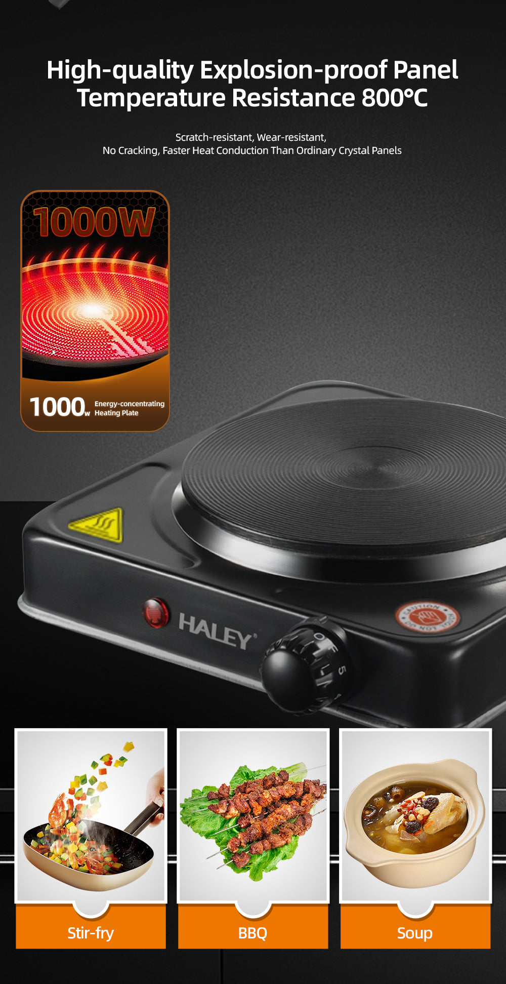 Plită Electrică HALEY cu 1 Zonă de Gătit – 1000W, Timer, Protecție la Supraîncălzire, Design Compact din Oțel Inoxidabil