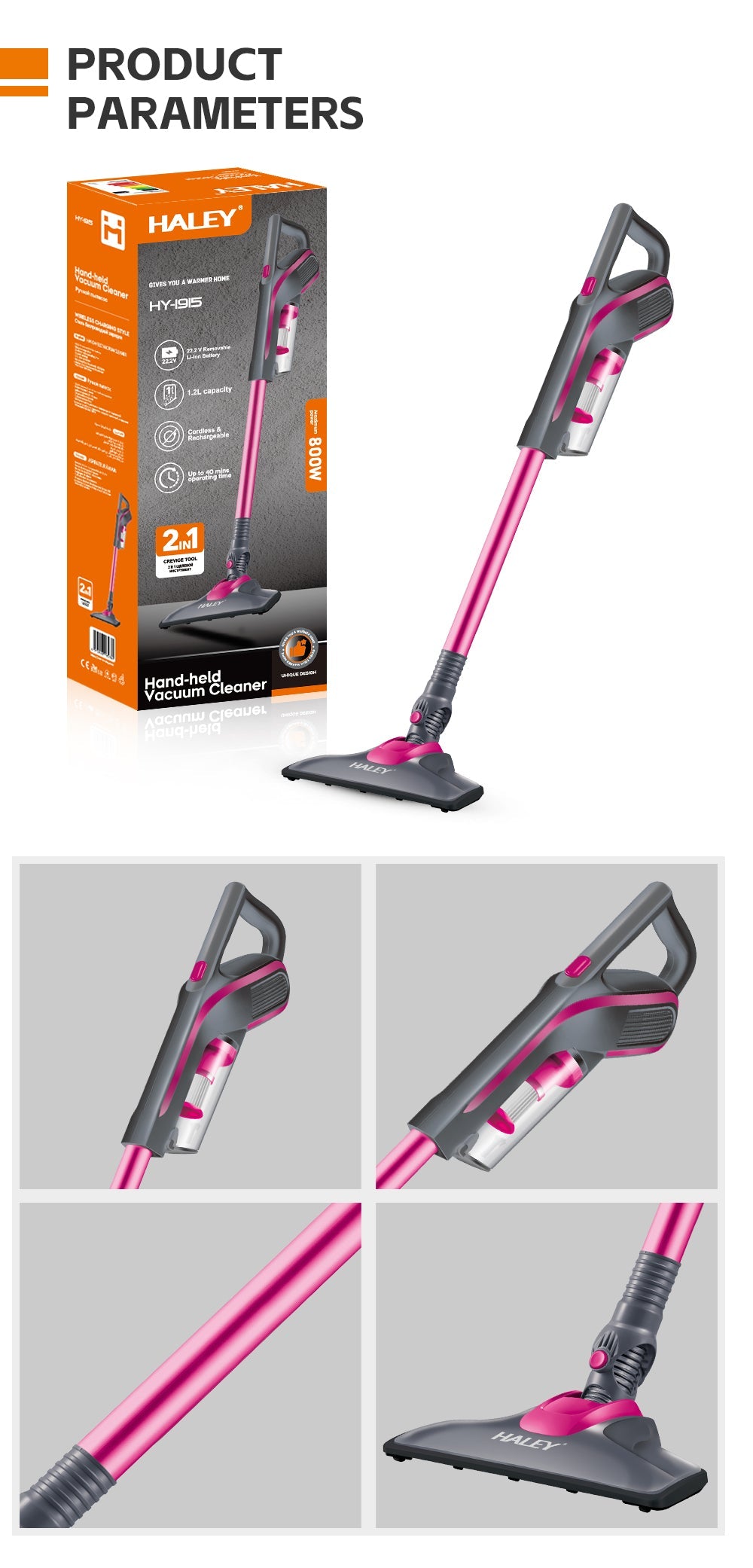 Aspirator HALEY cu băț , Aspirator pentru Covoare, de UZ Casnic, Compact, Puternic si Usor de Utilizat, Roz