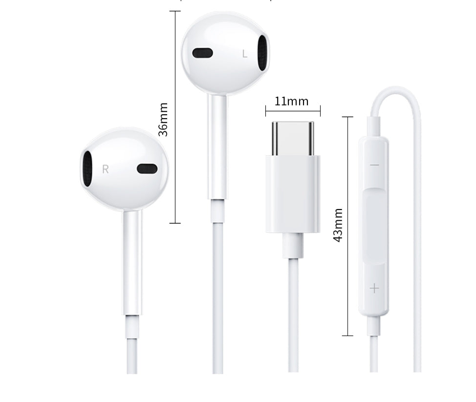 Căști In-Ear cu Microfon și Control Integrat, Conector Type-C, Alb, 1.3m – Sunet Hi-Fi, Compatibile Android & Huawei
