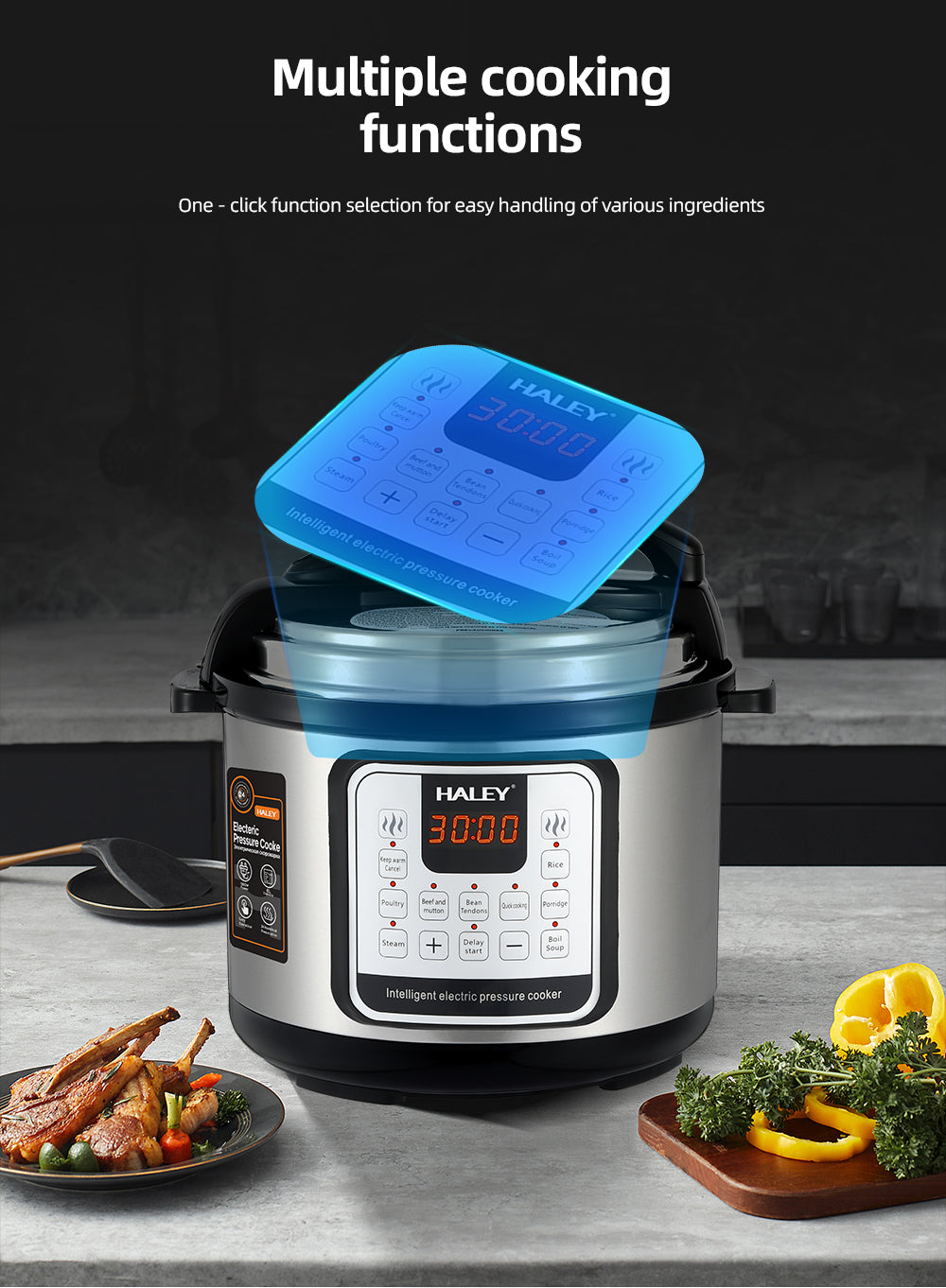 Oală Sub Presiune Electrică Multifuncțională HALEY 10 în 1, 1200W, 6L, Negru/Argintiu – Gătire Rapidă și Inteligentă