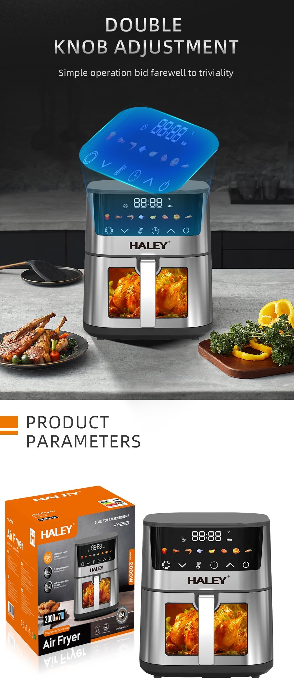 Friteuză cu Aer Cald HALEY 7L, 2000W cu Gătire 360°, Ecran Tactil, Geam de Vizualizare 180°, 8 Programe – Gătit Sănătos și Crocant fără Ulei