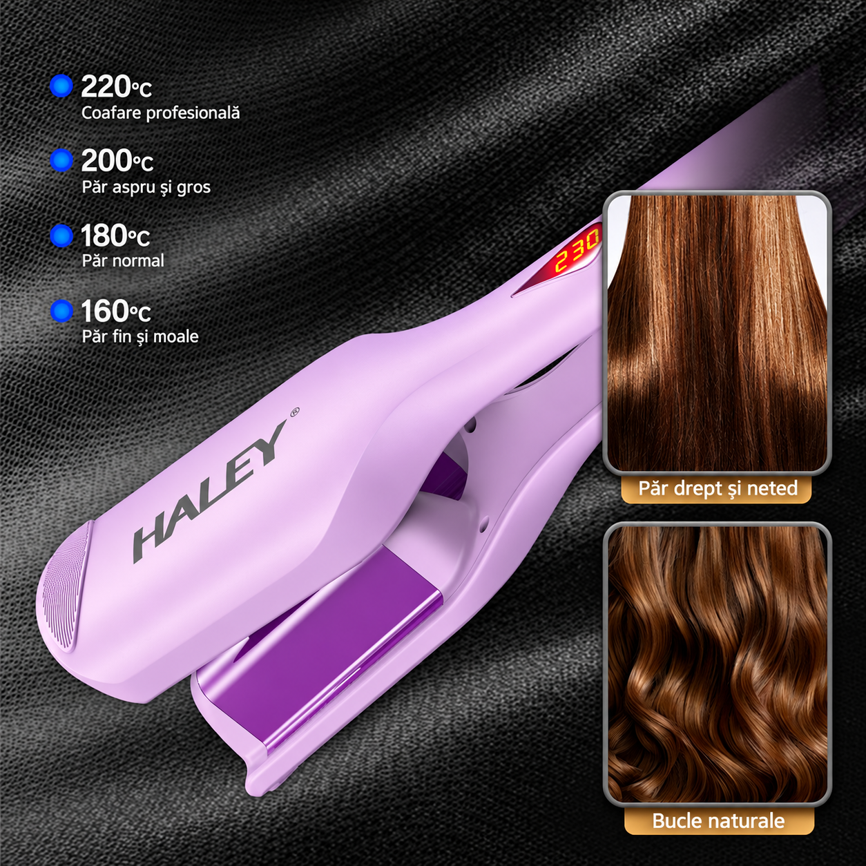Placă de Creponat Păr HALEY HY-3024, Fier de Păr Ondulat cu Clemă, Plăci Non-Stick, Termostat și Afișaj LED