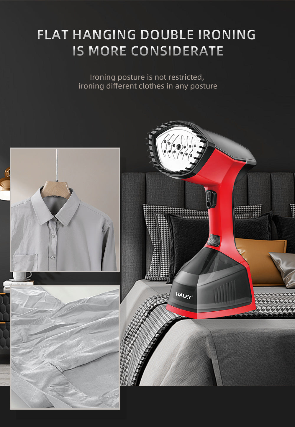Fier de Calcat cu Abur HALEY, 1600W, Design Compact, Incalzire Rapida in 15 Secunde si Performanta Profesionala, Rosu/Negru