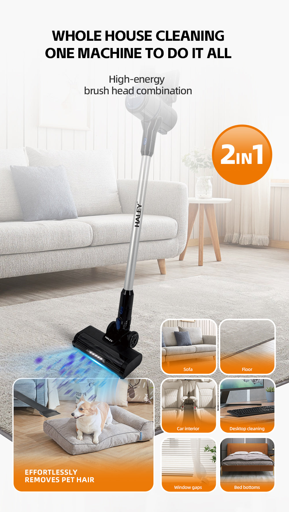 Aspirator Vertical cu Fir 2 în 1 HALEY®, 300W, 22.2V, Autonomie 35 Min, Perie LED, Filtru Lavabil, Recipient 1L, Negru/Argintiu