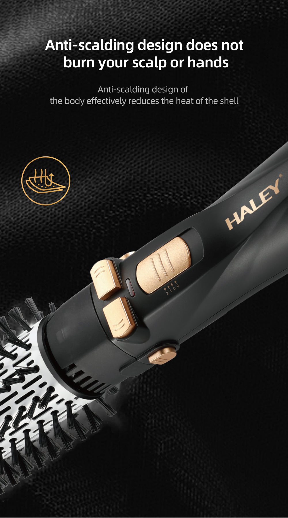 Perie Rotativă cu Uscător HALEY 6 în 1, 1200W, Capete Interșchimbabile, 3 Trepte, Încălzire Rapidă, Protecție Păr, Design Negru