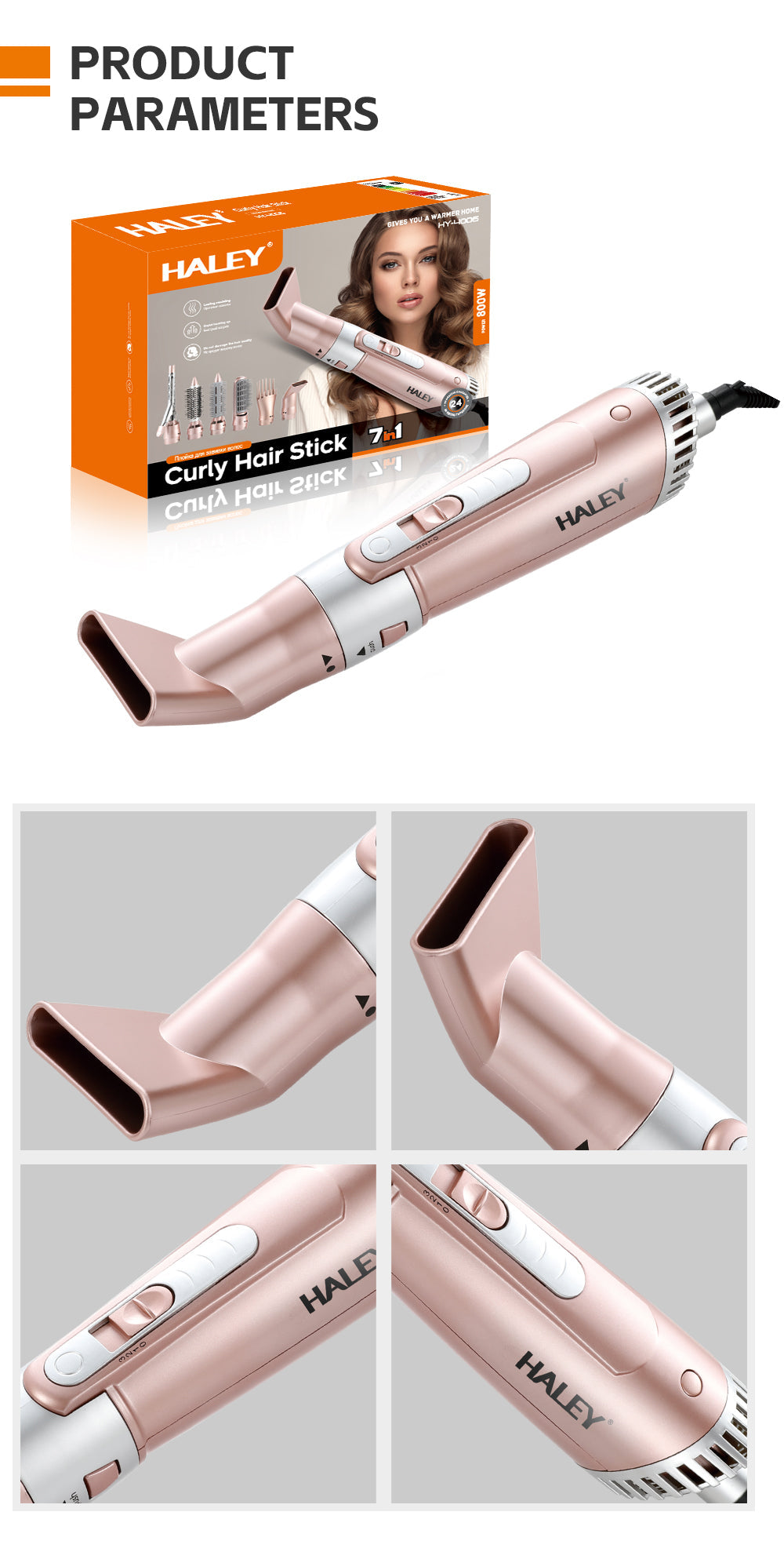 Uscător de Păr 7 în 1 HALEY – Ondulator Multifuncțional cu Ionizare, Protecție Termică, 800W, Accesorii Incluse, Ideal pentru Coafare Profesională Acasă