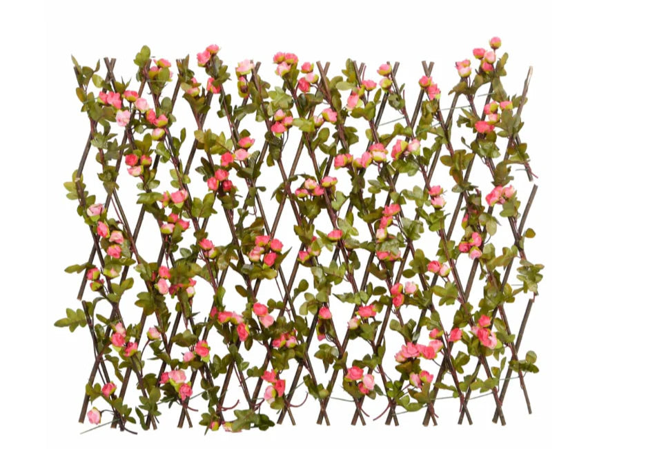 Gard paravan viu cu frunze si flori artificiale, AT PERFORMANCE, extensibil, 100x200 cm, roz