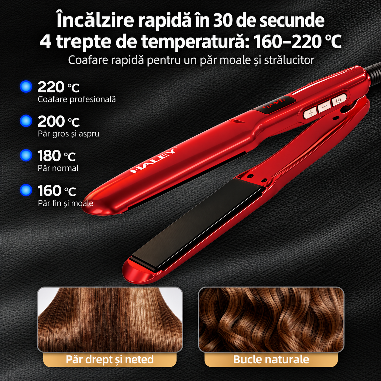 Placă de Îndreptat Părul HALEY HY-3023, 60W, Încălzire Rapidă, Modelare de Lungă Durată, Design Unic, Hair Straightener