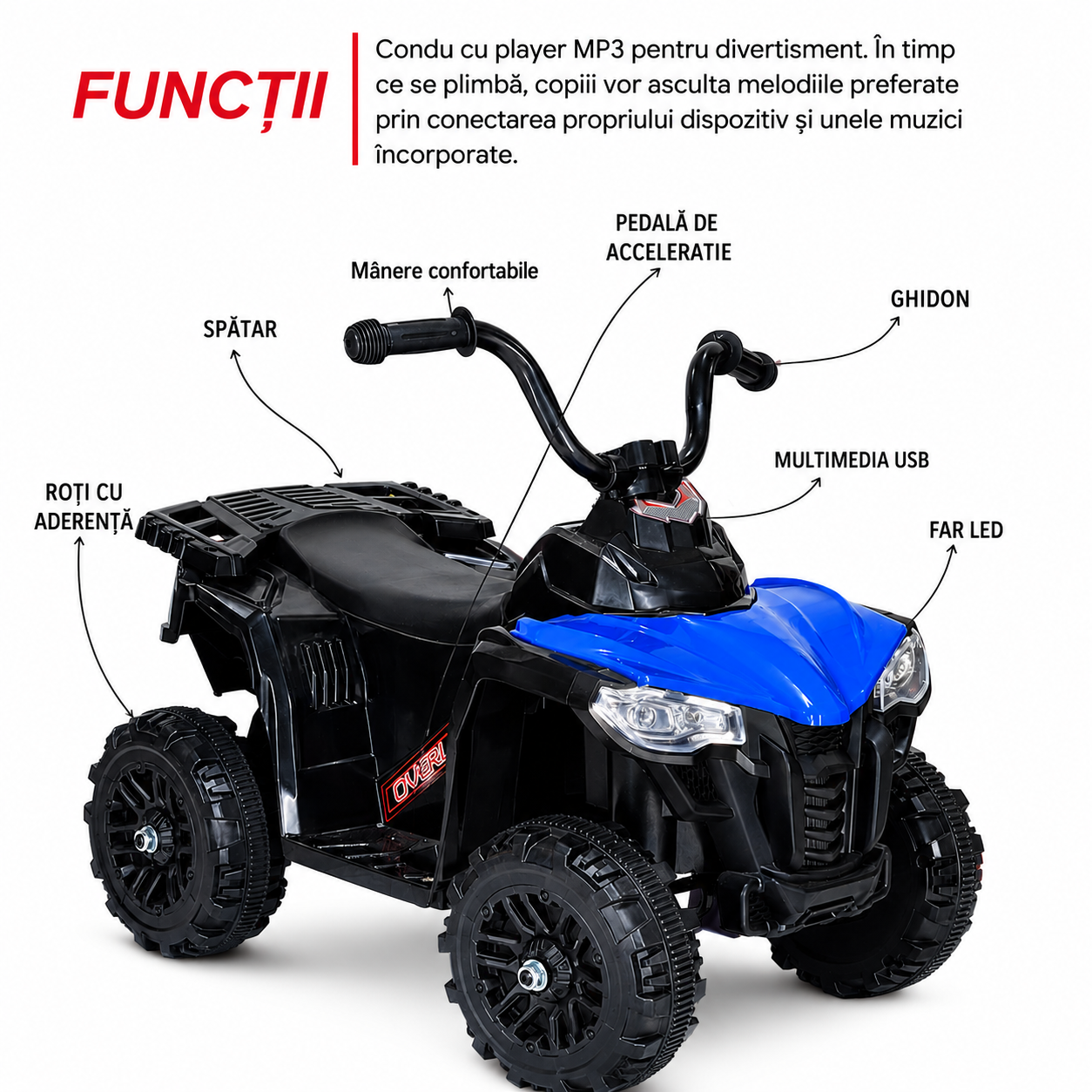 ATV Electric KIDOO pentru Copii 6V, Motor 380, Faruri LED, Pornire cu Buton, Design Off-Road, Albastru