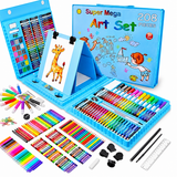 Set de Desen și Pictură pentru Copii, 208 Piese, Carioci, Creioane Colorate, Acuarele și Pensule, în Valiză, Albastru și Roz