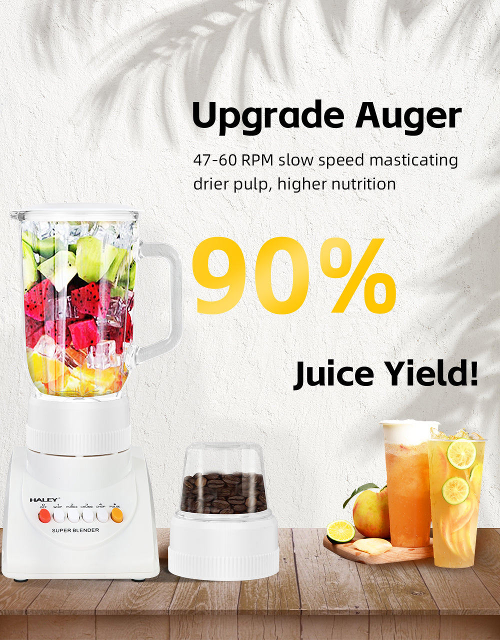 Blender Multifuncțional 2 în 1 HALEY 800W, 4 Viteze, 1L, Măcinător de Cafea, Capacitate Suc 500ml, Design Compact