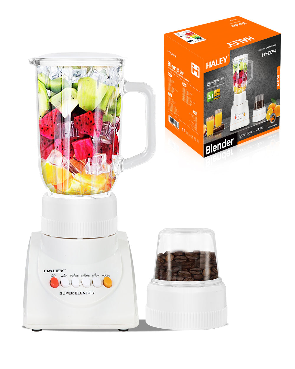 Blender Multifuncțional 2 în 1 HALEY 800W, 4 Viteze, 1L, Măcinător de Cafea, Capacitate Suc 500ml, Design Compact