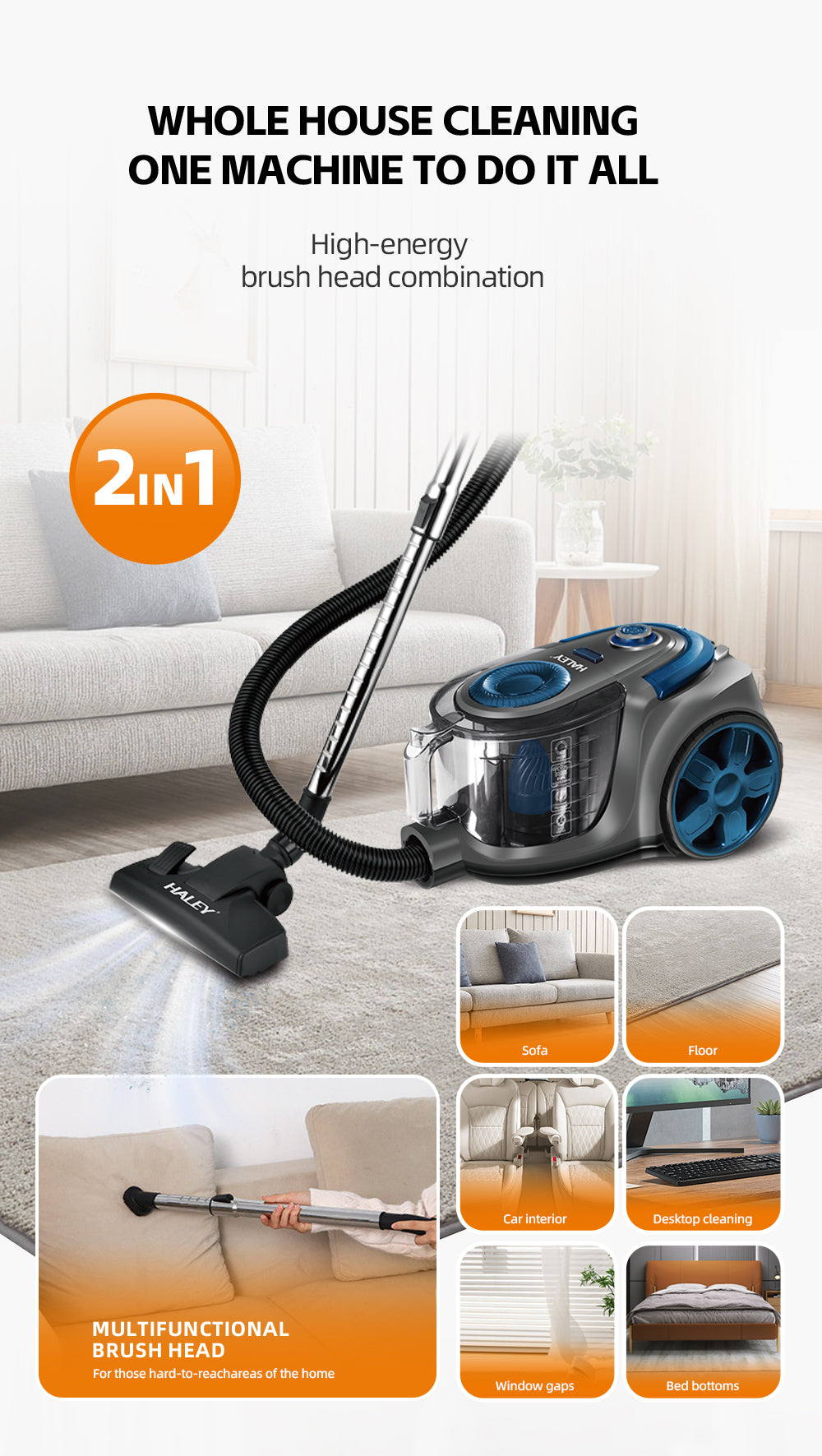 Aspirator Fără Sac HALEY 4,5L, 3000W, Aspirator de Praf, Aspirator Puternic cu Fir, de Calitate, cu Ciclon