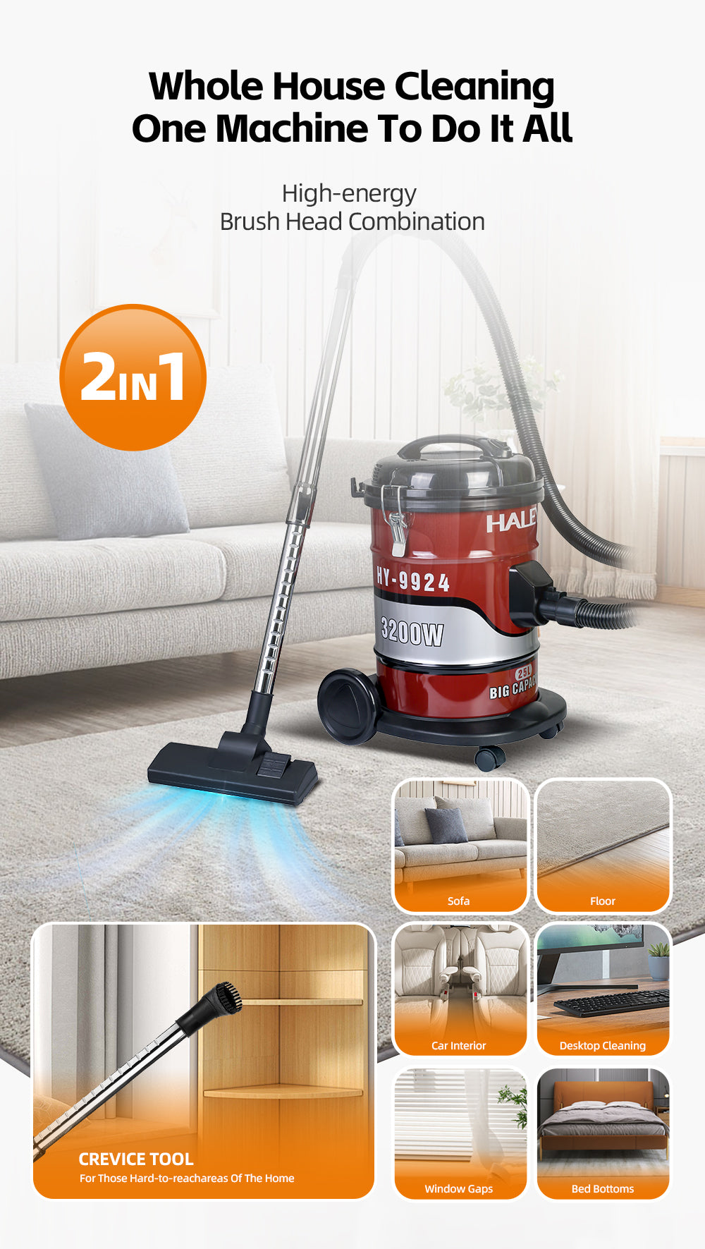 Aspirator Industrial 2 în 1 HALEY 3200W, de 25L, Filtrare Multistrat, Putere Mare, Silentios, Tub Telescopic