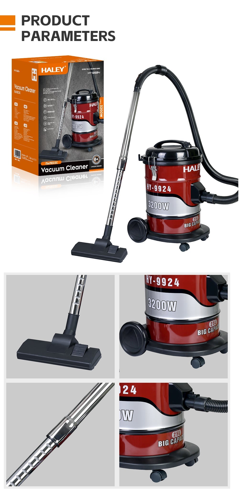 Aspirator Industrial 2 în 1 HALEY 3200W, de 25L, Filtrare Multistrat, Putere Mare, Silentios, Tub Telescopic