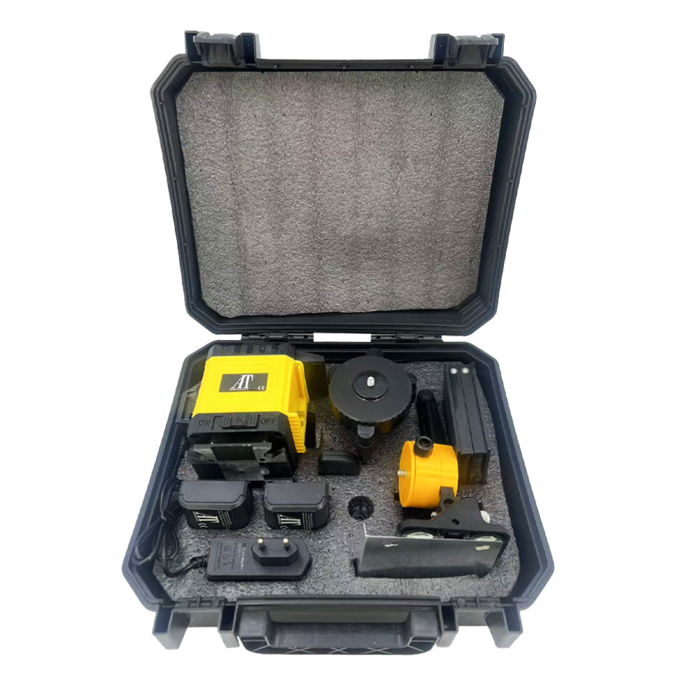 Nivela Laser 4D cu 16 Linii, AT PERFORMANCE®, 2X Acumulator, 360°,Platforma de Ridicare, cu Autonivelare, Telecomanda, Lumina Verde, Negru/Galben.