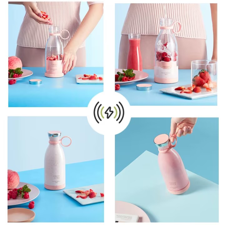 Mini Blender Electric, MixUP AT PERFORMANCE®, Incarcare Wireless, Portabil/Compact, Multifunctional, Auto-curatare, Autonomie Mare, Capacitate 350ml, 4 Lame 3D, Putere 20.000 rpm, Love Pink