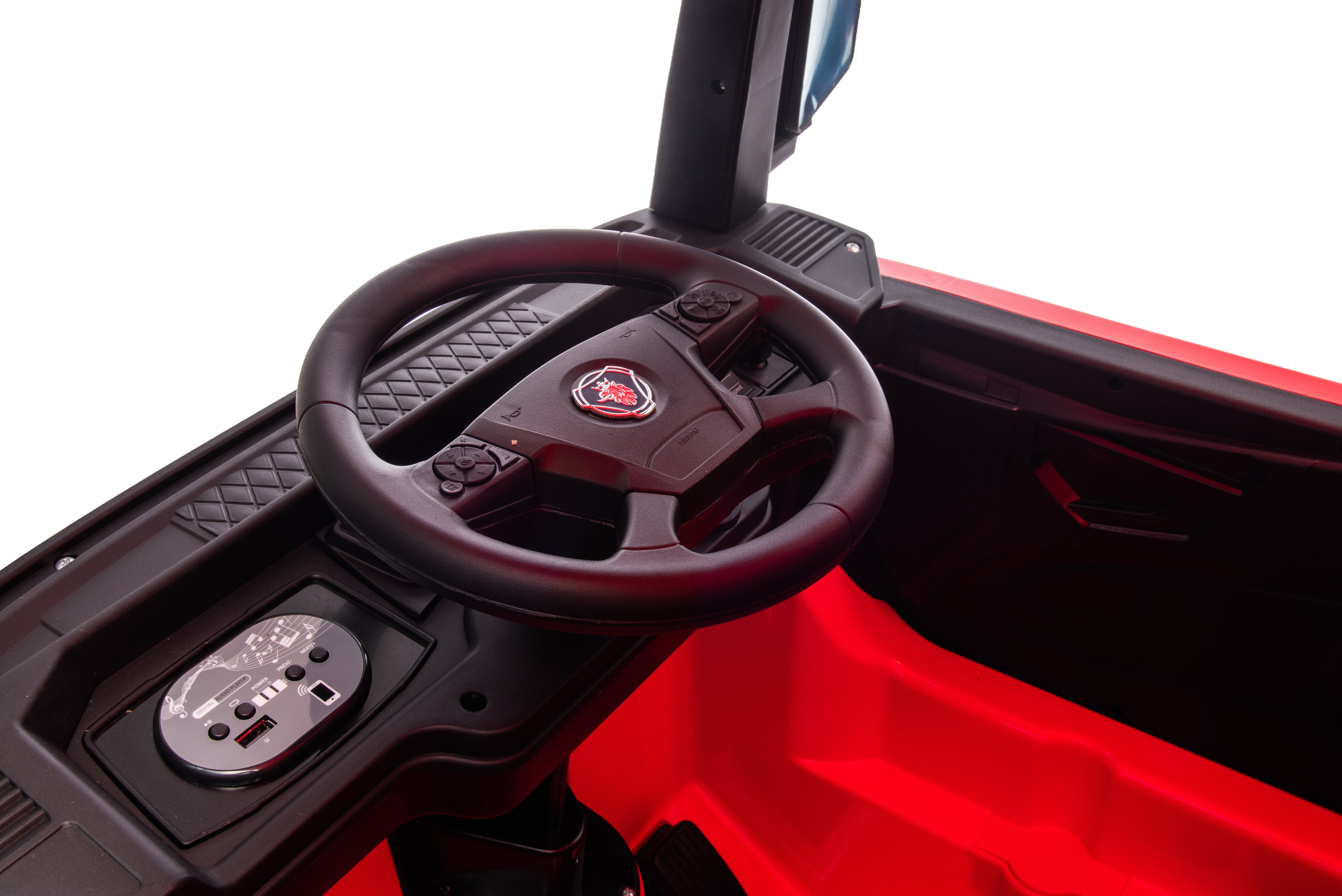 Camion electric cu remorcă pentru copii oficial licentiat, KIDOO, 12V, 2 motoare 35W, telecomandă 2.4G, suspensie pe 4 roți, lumini, muzică, viteză 3-5 km/h, uși funcționale