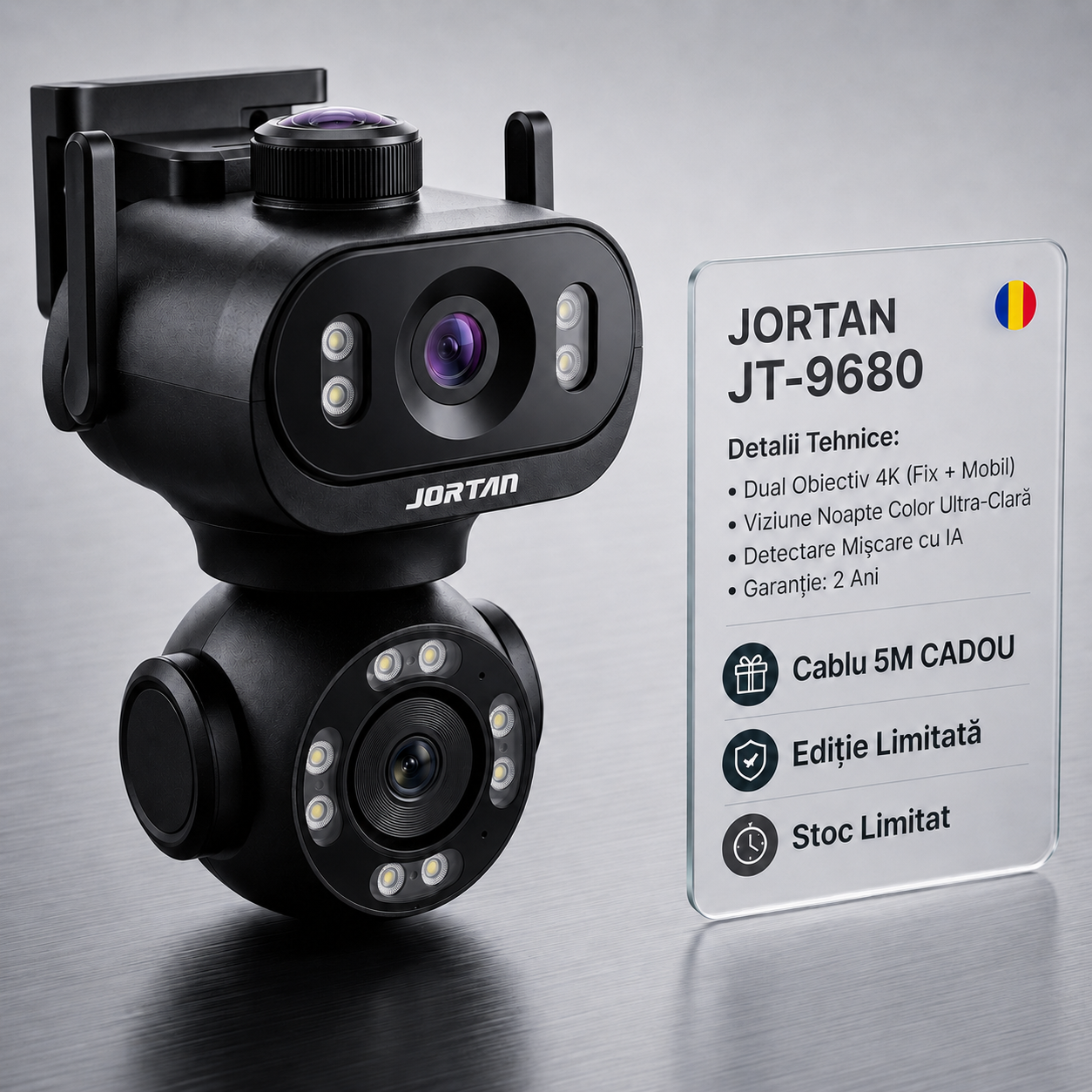 Camera Supraveghere WiFi JORTAN JT-9680 6MP Dual-Head PTZ + Cablu 5m Cadou