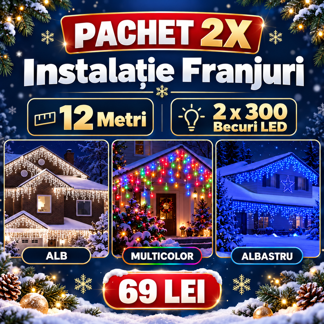 PACHET 2X Instalatie Franjuri 12 Metri, 2 x 300 Becuri LED ALB,Multicolor,ALBASTRU