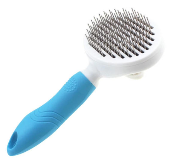 Perie cu buton auto-curatare pentru animale, AT PERFORMANCE, utila in curatarea si ingrijirea parului, 20x10x6 cm, pisici, caini, iepuri, albastra