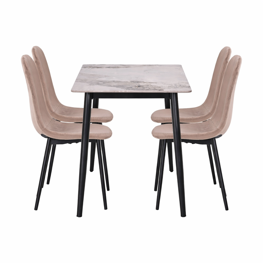 Set masă dining cu 4 scaune, blat sintered stone gri și catifea, 120x70 cm