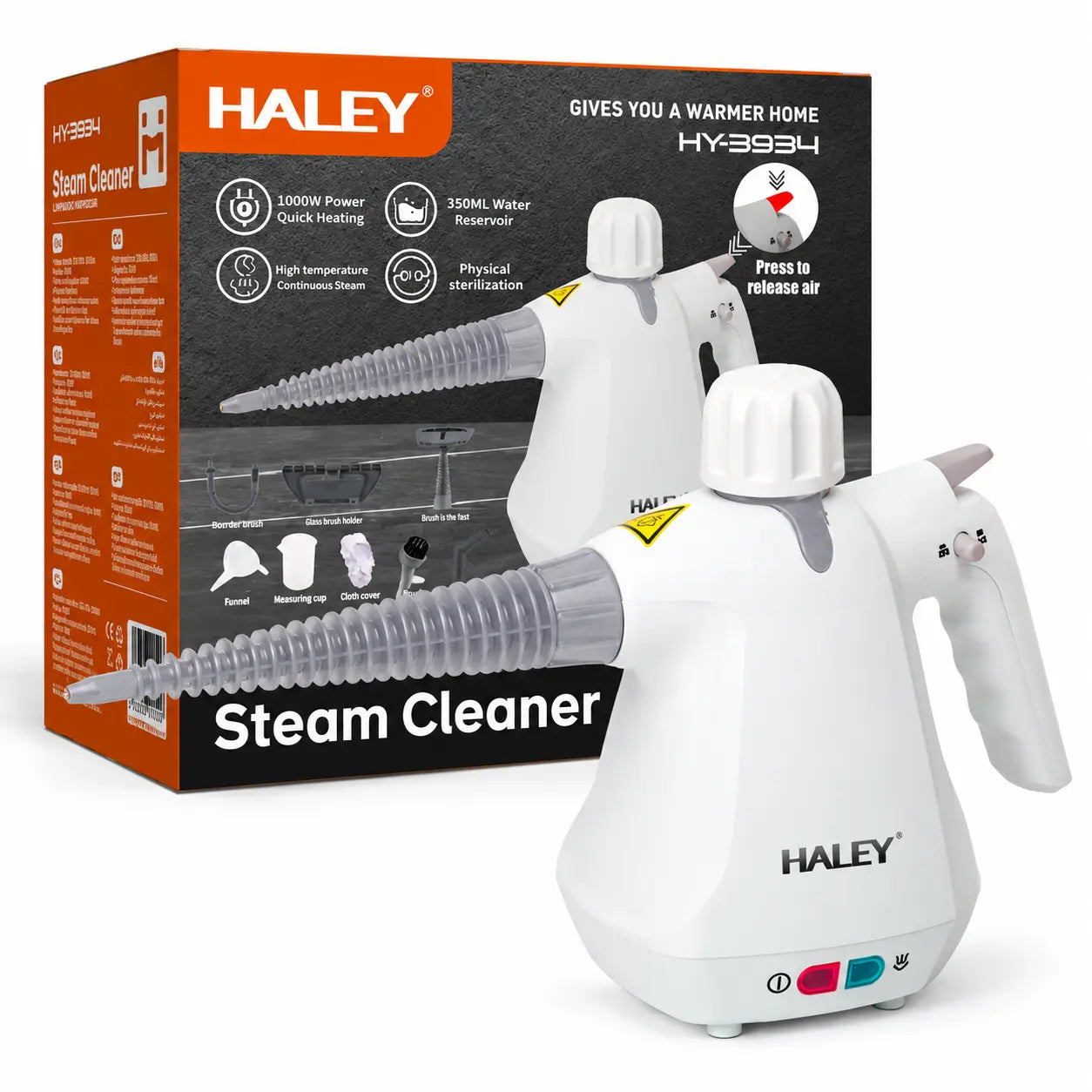 Aparat de Curățat cu Abur HALEY® HY-3934, Multifuncțional 10 în 1, 1000W, Presiune 3 Bar 300 kPa, Rezervor 350 ml, Abur Fierbinte peste 100°C, Curățare, Degresare și Igienizare Fără Substanțe Chimice