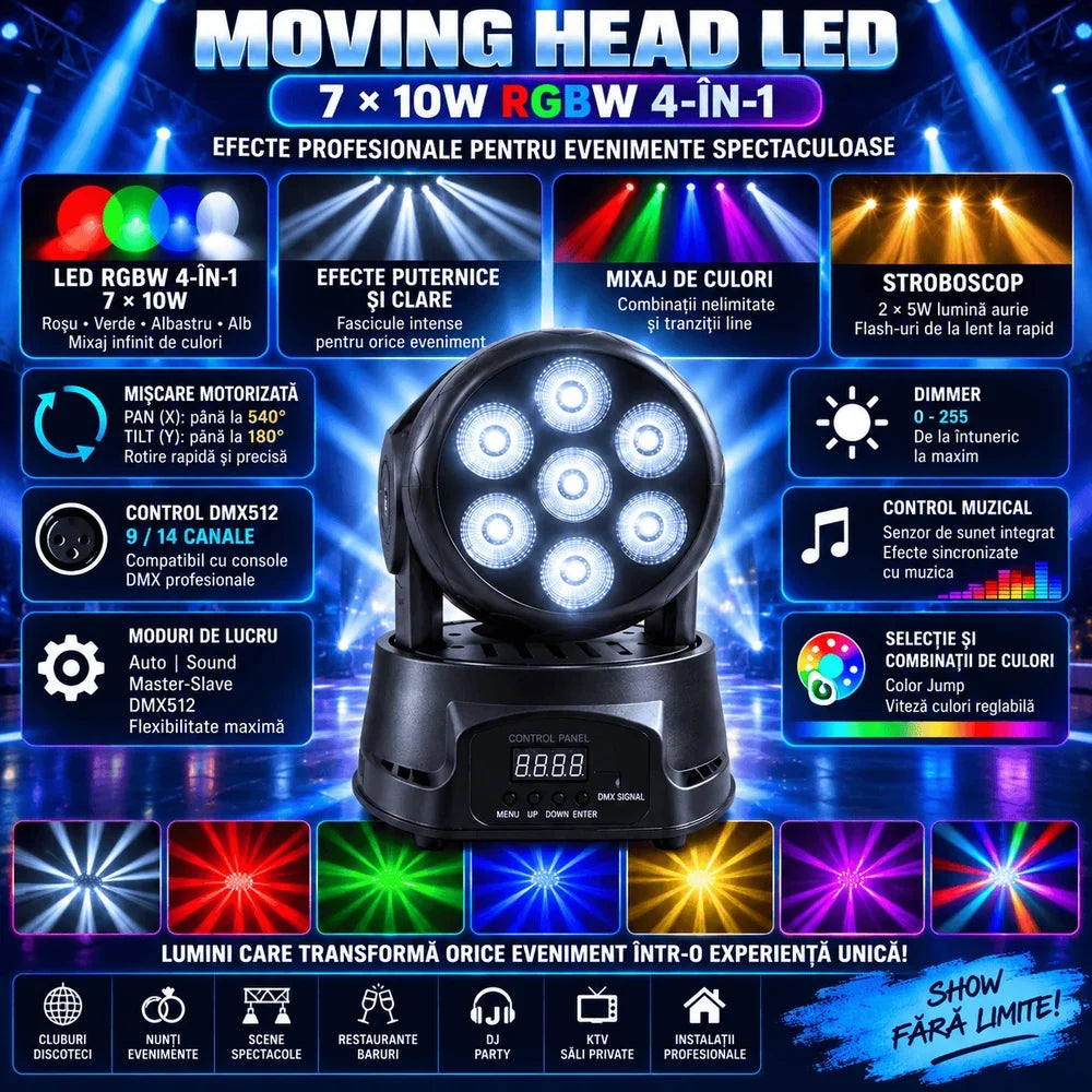 Moving Head LED Profesional 7×10W RGBW 4-în-1, 80W, DMX512 9/14 Canale, PAN 540° / TILT 180°, Stroboscop, Dimmer, Control Muzical, Auto și Master-Slave
