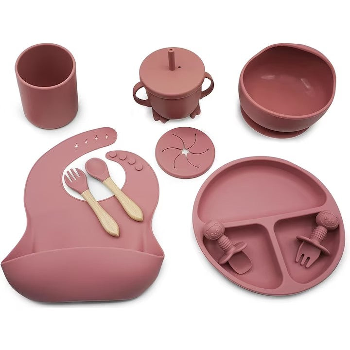 Set 10 piese hranire bebe, diversificare, silicon, baveta, farfurie, bol cu ventuza, lingurita si furculita, cana gustari, lingurita de lemn, si furculita de lemn, fara alergeni, ceasca dreapta, Roz.