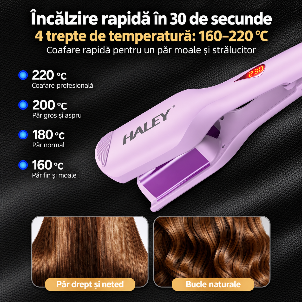 Placă de Creponat Păr HALEY HY-3024, Fier de Păr Ondulat cu Clemă, Plăci Non-Stick, Termostat și Afișaj LED