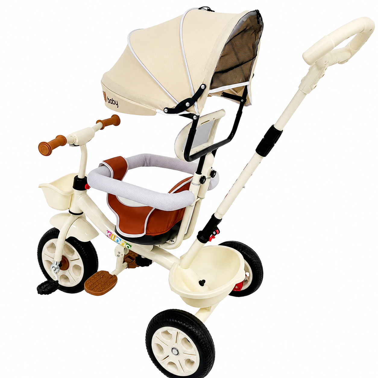 Tricicletă Evolutivă Kiddo KD-X06, Scaun Rotativ 360°, Poziție de Somn, Centură 5 Puncte, Copertină UV, Roți din Cauciuc, 9 Luni – 6 Ani