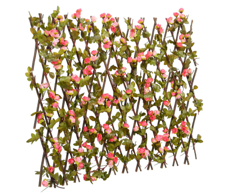 Gard paravan viu cu frunze si flori artificiale, AT PERFORMANCE, extensibil, 100x200 cm, roz