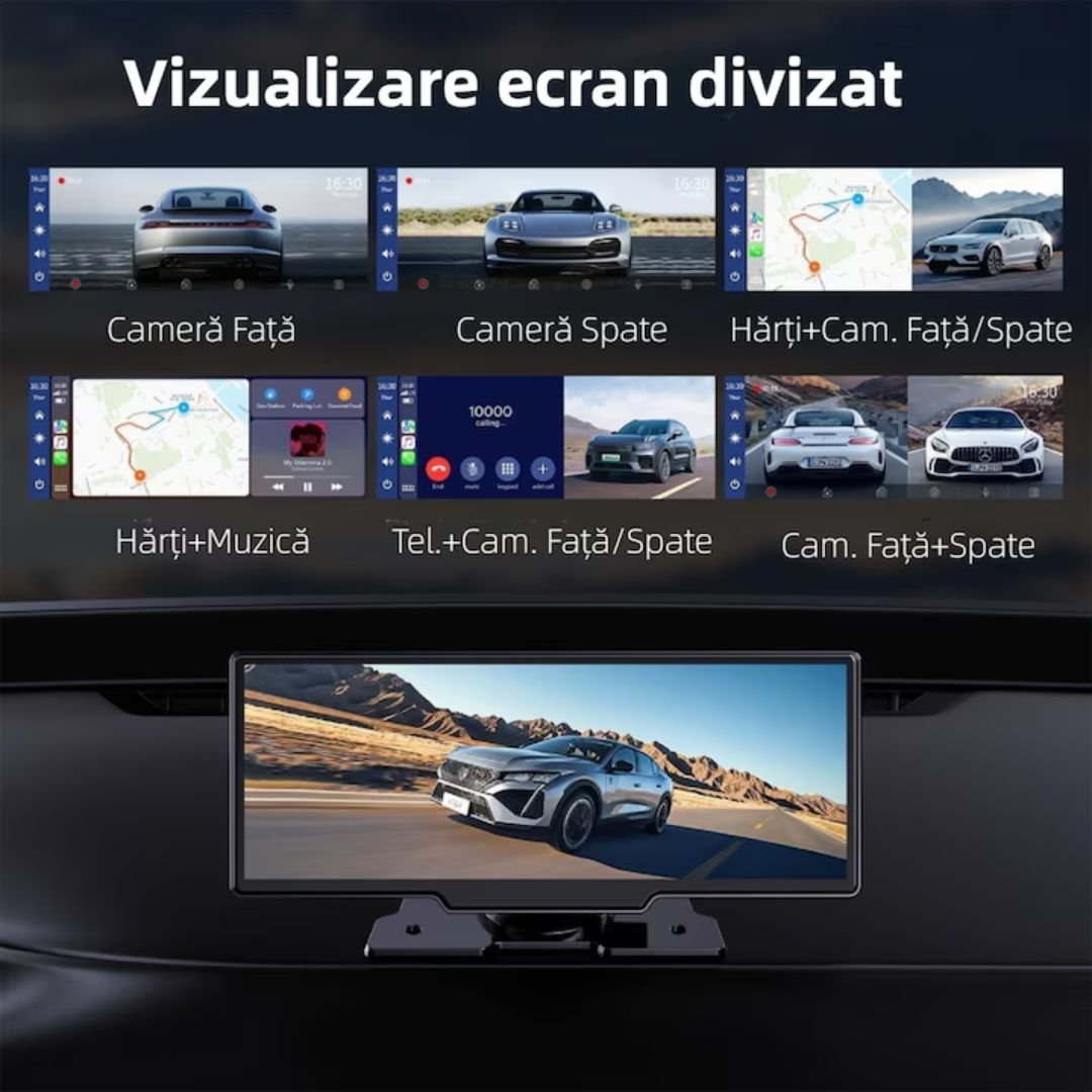 Sistem navigatie auto Multimedia DVR 26 cm,10.26 inch, 2 camere - 4K/1080 Reglabile, Senzor Intensitate Lumina, Upgrade Sunet Dual, G-Senzor, Split-screen HD 4K full-touch Detasabil, GPS prin CarPlay/AndroidAuto