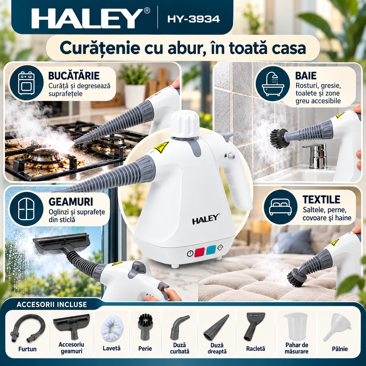 Aparat de Curățat cu Abur HALEY® HY-3934, Multifuncțional 10 în 1, 1000W, Presiune 3 Bar 300 kPa, Rezervor 350 ml, Abur Fierbinte peste 100°C, Curățare, Degresare și Igienizare Fără Substanțe Chimice