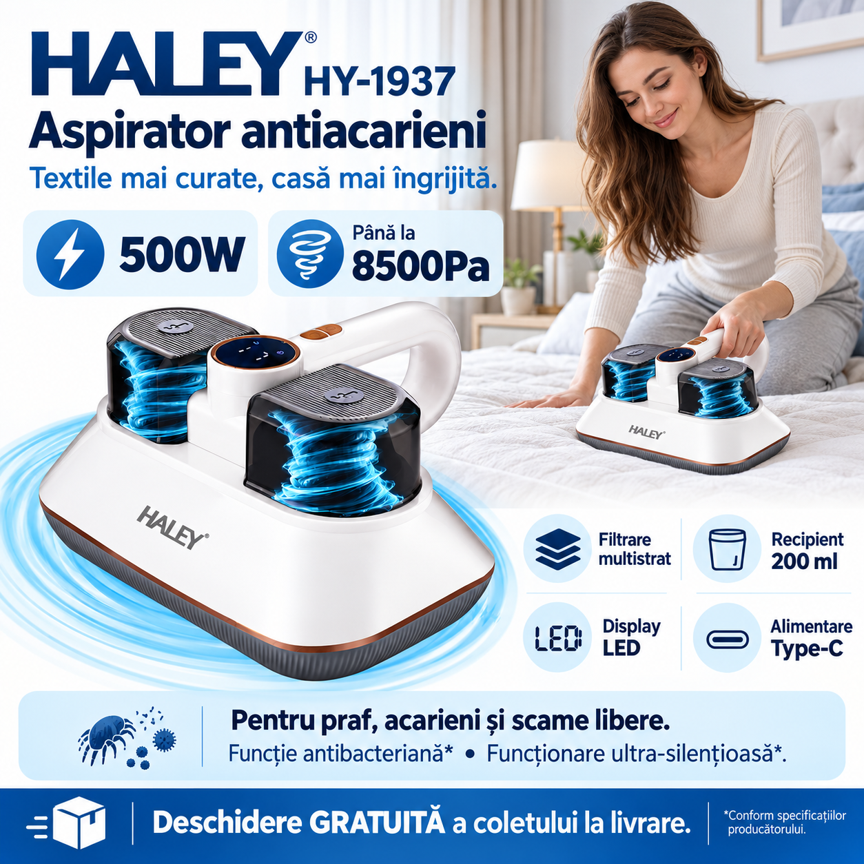 Aparat pentru Îndepărtarea Acarienilor și a Scamelor HALEY HY-1937, 500W, Putere de Aspirare 8500Pa, Sistem de Filtrare Multistrat, Funcție Antibacteriană, Display LED, Recipient 200 ml