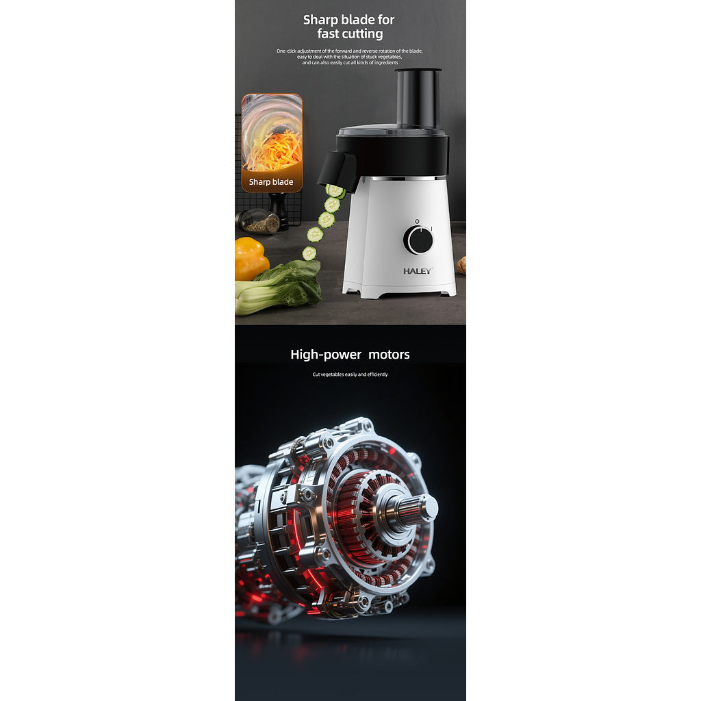 Răzătoare Electrică Multifuncțională HALEY® HY-1330, 600W, 5 Accesorii de Tăiere, Feliere și Răzuire, Lame din Oțel Inoxidabil, Motor Puternic, Componente Detașabile, Bază Antialunecare